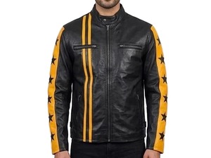 Men's Black <b>Leather</b> <b>Cafe</b> <b>Racer</b> <b>Jacket</b> with Yellow Stripes and Star Sleeves - Product Image 1