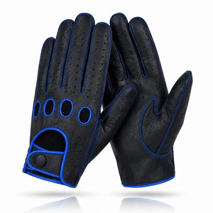Gants de conduite unisexes en cuir de mouton noir avec surpiqûres bleues, trous de ventilation respirants pour une conduite confortable toute l'année - Product Image 2