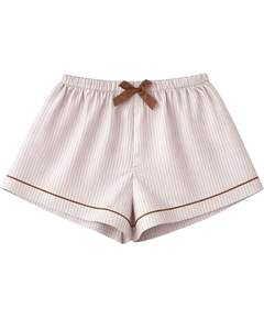 Conjunto de Pijama Personalizado para Mujer en Rayas Beige y Marrón, Manga Corta, Botones, Satén, Dos Piezas, Ropa de Dormir, Pantalones Cortos - Product Image 5