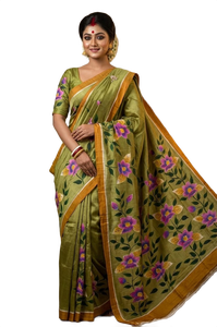 Sari imprimé floral en soie pure de Bishnupuri, pour femmes, Inde, Pakistan, Bangladesh, sari traditionnel - Product Image 1