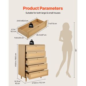 Comò Moderno in Rovere e Rattan con 5 Cassetti, Maniglie in Metallo e Gambe in Legno per Camera da Letto - Product Image 5