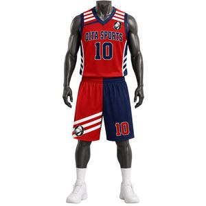 Navy <b>Red</b> White Sublimation Basketball Jersey and Shorts Set Athletic Team Outfit for School Club League Game Day Performance - Product Image 1