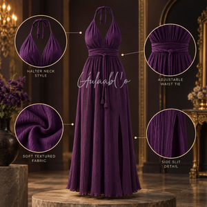 Plum <b>Purple</b> <b>Halter</b> <b>Neck</b> Maxi <b>Dress</b> Adjustable Waist Tie Soft Textured Fabric Side Slit Flowy Summer Beach Evening Partywear Gown - Product Image 5