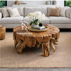 Table basse ronde artisanale moderne en racines de teck pour salon - Product Image 4