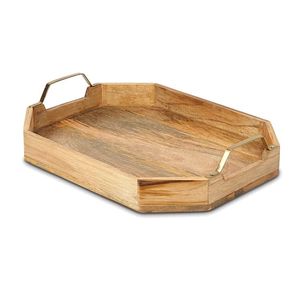 Modernas Bandejas Hexagonales de Madera Maciza con Asas de Metal Pulido, Ecológicas, Aptas para Lavavajillas, para Servir Alimentos, Café y Exhibición Decorativa - Product Image 1