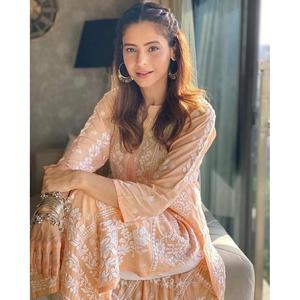 Hilo de bordado de rayón atractivo trabajo KURTI con Palazzo melocotón - Product Image 1