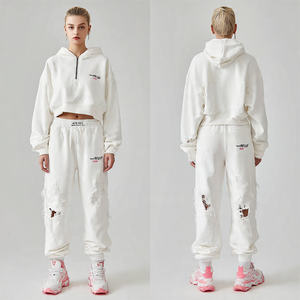Mujeres Crop Distress bordado chándal Streetwear Jogger Sun Fad cremallera Sudadera con capucha y pantalones de chándal Crop Distress bordado chándal - Product Image 6