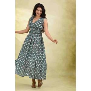 เดรสยาวพิมพ์ลายผ้าฝ้ายสำหรับผู้หญิง ชุดแม็กซี่โบโฮอินเดียทำมือ ชุดใส่ไปเที่ยวทะเลฤดูร้อน ชุดลำลองสำหรับงานเทศกาล - Product Image 3