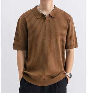 Polo de punto acanalado vertical para hombre con cuello abierto, corte atlético 2026, en colores verde oliva, negro, blanco y marrón, ropa casual, elegante y de negocios HD - Product Image 6