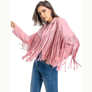 เสื้อแจ็คเก็ตมอเตอร์ไซค์หนังกลับแต่งชายครุยสำหรับผู้หญิง แขนยาว ซิปปิด คอปกพับได้ ความยาวปกติ สีพื้น - Product Image 5