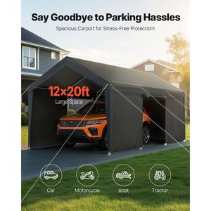 12x20FT Heavy Duty Extérieur Carport Auvent Gris Couverture De Voiture avec Parois Latérales Abri pour Voitures - Product Image 2