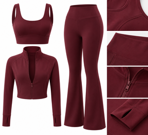 Ensemble de sport respirant et à séchage rapide pour femme en spandex bordeaux : haut de sport à col rond, veste courte zippée et pantalon de yoga évasé taille haute - Product Image 4
