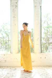 Women Yellow Slip Dress <b>Spaghetti</b> <b>Strap</b> Maxi Dress Loose Fit Summer Cotton Satin Dress Minimalist Casual Long Dress - Product Image 6