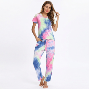 Conjunto de pijama de algodón con efecto tie-dye para mujer, manga corta, cuello redondo, pantalones largos con cordón y bolsillos laterales, ropa informal de verano - Product Image 5