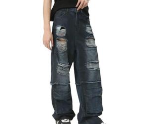 Men's Distressed Ripped Cargo <b>Denim</b> Jeans High Waist Loose Fit Cotton Woven Fabric Hip Hop Style Autumn Wear - Product Image 2