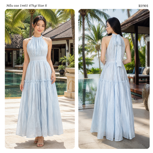 **Women’s Textured Chiffon Backless Halter <b>Maxi</b> <b>Dress</b> with High Waist Relaxed Silhouette for Boho Vacation and Resort Wear ODM W - Product Image 1