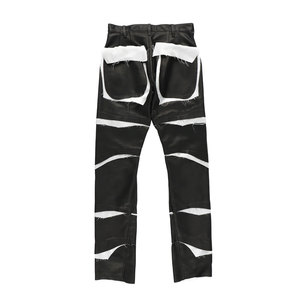 Pantalon en cuir noir léger de qualité supérieure avec empiècements blancs, style motard, détails déchirés et usés - Product Image 2