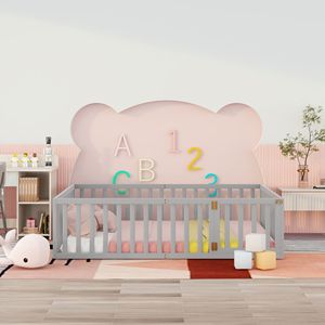 Letto a pavimento Queen Size in legno grigio con recinzione e porta per bambini - Vecchio SKU WF289663AAE - Product Image 2