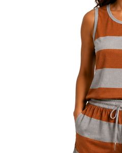 Ensemble pyjama en satin pour femmes, rayures marron rouille et gris argenté, débardeur sans manches avec short à taille élastique, ensemble de vêtements de nuit de luxe - Product Image 2