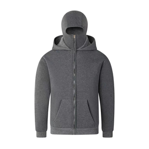 Sudadera con capucha y cremallera para hombre con máscara facial integrada, pasamontañas completo, estilo urbano, color liso, 100% algodón, para invierno - Product Image 6