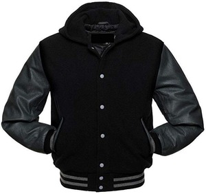 Veste varsity noire pour homme avec manches à capuche, décontractée, fermeture à boutons, coupe classique, couleur unie, pour l'automne - Product Image 1