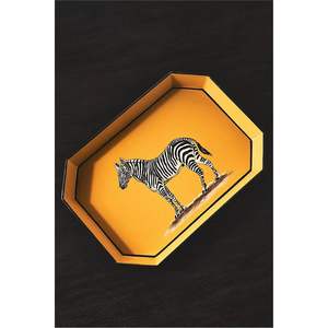 Plateau de service octogonal de luxe à motif zèbre, plateau décoratif moderne en métal émaillé jaune doré pour table basse, décoration intérieure et hôtels - Product Image 1