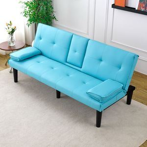 Divano Letto Multifunzionale in PVC Blu da 67 Pollici con Portabicchieri Pieghevole, Estremamente Pratico da Trasformare in Letto - Product Image 4