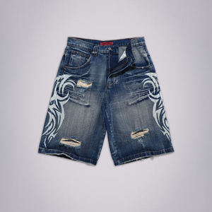 <b>Mens</b> Washed Black Tribal Tattoo Graphic Denim Jorts Oversized Baggy Fit Distressed Ripped Skater Style Streetwear Apparel - Product Image 3