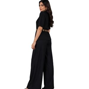 Ensemble haut décontracté à manches courtes et col en V noir uni et pantalon palazzo à jambes larges - Product Image 6