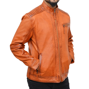 Men's Brown Genuine Leather Waterproof Breathable Eco-Friendly Quick Dry Moto <b>Jacket</b> Stand Collar Zipper Closure <b>Slim</b> <b>Fit</b> - Product Image 2