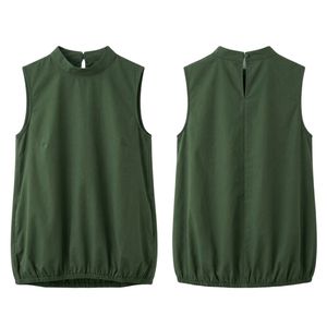 Olive Green Smooth Silky Women Blouses Keyhole Back Elastic <b>Bubble</b> <b>Hem</b> Lightweight Poly High Mock Collar Sleeveless <b>Tops</b> - Product Image 1
