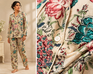 Women's Luxury Cotton Sleepwear Set Floral Bird Print <b>Button</b> <b>Front</b> Pajama Premium Nightwear Collection - Product Image 6
