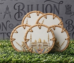 Round <b>Bamboo</b> Coaster With Mosque Design Handmade Oriental Table <b>Mat</b> Decorative Drink Pad - Product Image 4