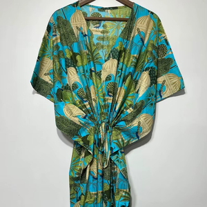 Nuevo Kaftán con Estampado Animal, Cuello en V, Cierre con Cordón, Corte Evase, de Algodón Suave Indio, con Encaje, Largo Completo, para Playa, para Mujer - Product Image 1