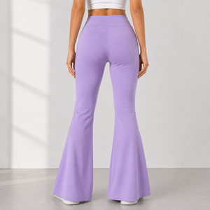 High Waist Flare <b>Pants</b> Women Solid Color Knitted Full Length Elastic Waist Casual Summer Purple Spandex Polyester <b>Pants</b> - Product Image 2