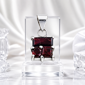Art Palace 925 Silver Garnet Three Stone <b>Pendant</b> <b>Emerald</b> Cut Claw Setting Classic Geometric Unisex Everyday Wear - Product Image 1