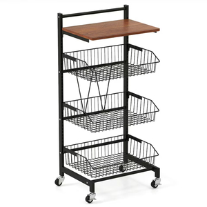 Étagère de rangement moderne pour petite cuisine sur roulettes, chariot roulant en métal avec plateau en bois et paniers en fil métallique pour l'organisation de la cuisine - Product Image 5