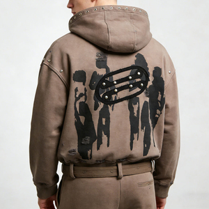 Oversized Distressed Zip Up Hoodie <b>Vintage</b> Washed Rivet Streetwear <b>Sweatshirt</b> for Men & Women - Product Image 5