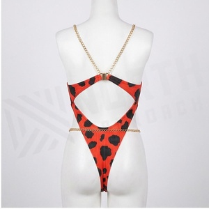 NORTH APPROACH Women One Piece Leopard Print Swimsuit Deep V Neck Hollow Out Chain Detail Stretch Bodysuit - Product Image 2