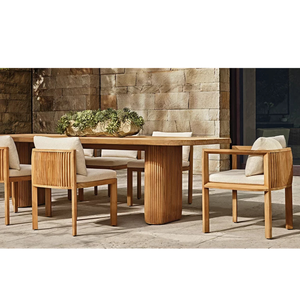Contemporary Modern Outdoor Dining <b>Table</b> Solid Teak Wood Luxury <b>Rounded</b> Rectangle Top Fluted Base for Resort <b>Patio</b> Dining - Product Image 6