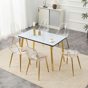 Juego de Sillas con Tablero Inferior de MDF y Tapa de Vidrio con Textura de Mármol Imitación Blanco, Patas Cónicas de Metal Dorado, Juego de 6 para Restaurantes - Product Image 1