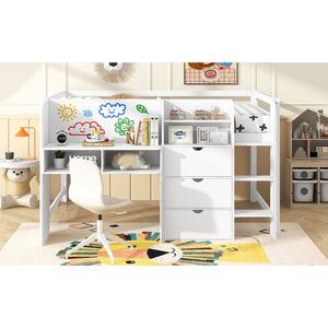 Letto a soppalco basso bianco a una piazza e mezza con scrivania integrata, armadietti contenitori, libreria aperta e lavagna bianca per graffiti - Letti per bambini ETA 7/8 - Product Image 4