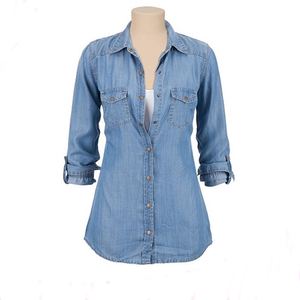 Camisa de mezclilla de algodón estilo occidental para mujer, con botones y solapa, manga larga, ajuste holgado informal, top cómodo de mezclilla azul - Product Image 3