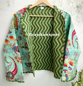 เสื้อแจ็คเก็ตผ้าฝ้ายพิมพ์ลายทรอปิคอลแบบกันธา  ผ้าถักนิตติ้งระบายอากาศได้ดี  งานปักลายสดใส  ดีไซน์แฮนด์เมด - Product Image 5