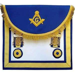 Cinturón Masónico Azul con Bordado Dorado, Cadena Dorada y Flor, Regalia Masónica Cuadrada con Flecos Dorados - Product Image 1