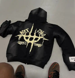 Personnalisation de sweat à capuche de sérigraphie personnalisée tissu de boucle vintage délavé au soleil en détresse fabricants de sweats à capuche coupés et cousus - Product Image 2