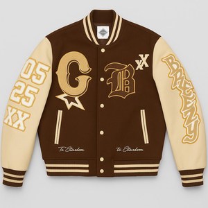 เสื้อแจ็คเก็ตหนังสีเขียวป่า แขนหนังสีน้ำตาล สำหรับผู้ชาย สไตล์ Letterman แบบเบสบอล คอตั้ง ปิดด้วยซิป ระบายอากาศได้ดี - Product Image 2