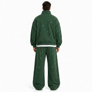 Wholesale Crystal Embellished Baggy Hoodies Relaxed Drape Joggers Full Zip Iced-Out Star Motif Men <b>Jacket</b> Fleece <b>Rhinestone</b> Sets - Product Image 2