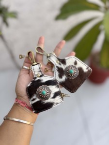 Cowhide Leather <b>Key</b> <b>Chain</b> Rectangular Shape Unique Design Western Conchos Turquoise Stone Decorated Unisex Accessory - Product Image 1