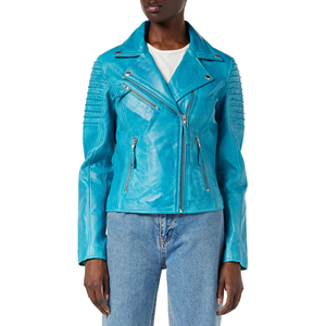 Veste en cuir de vache véritable pour femmes, style motard, coupe ajustée, fermeture éclair, noir, prix d'usine personnalisé, vente en gros - Product Image 1